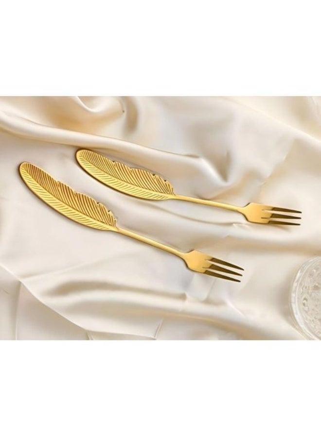 طقم شوك حلويات أنيق من الفولاذ المقاوم للصدأ بتصميم ريشة ذهبية، 6 قطع، شوك تقديم فاخرة للكيك والفواكه والحلويات، أدوات مائدة راقية للضيافة والإهداء. - Image 2